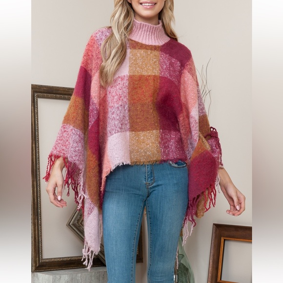 29 Boho Plaid Turtle Neck Poncho - Picture 3 of 5